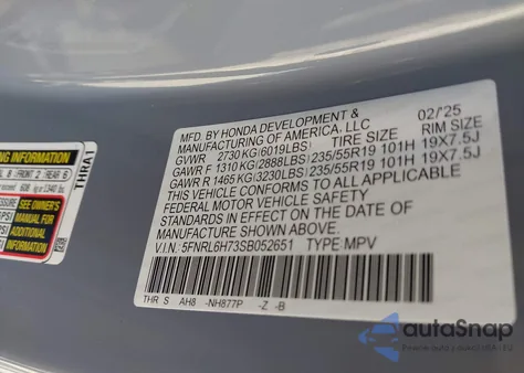 2025 Honda Odyssey Sport-L z USA, uszkodzony, nr VIN 5FNRL6H73SB052651